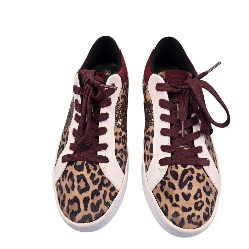 Geox‎ Respira Womens Leopard Print Glitter Fashion Sneakers Maroon White Size 10 - Picture 4 of 7